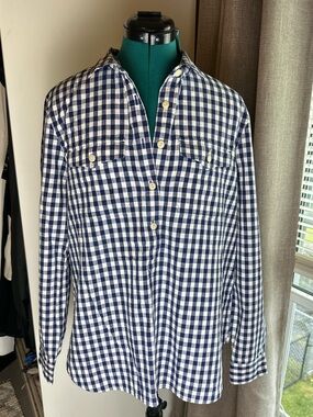 LL Bean Signature Navy and White Gingham Button-Front Shirt